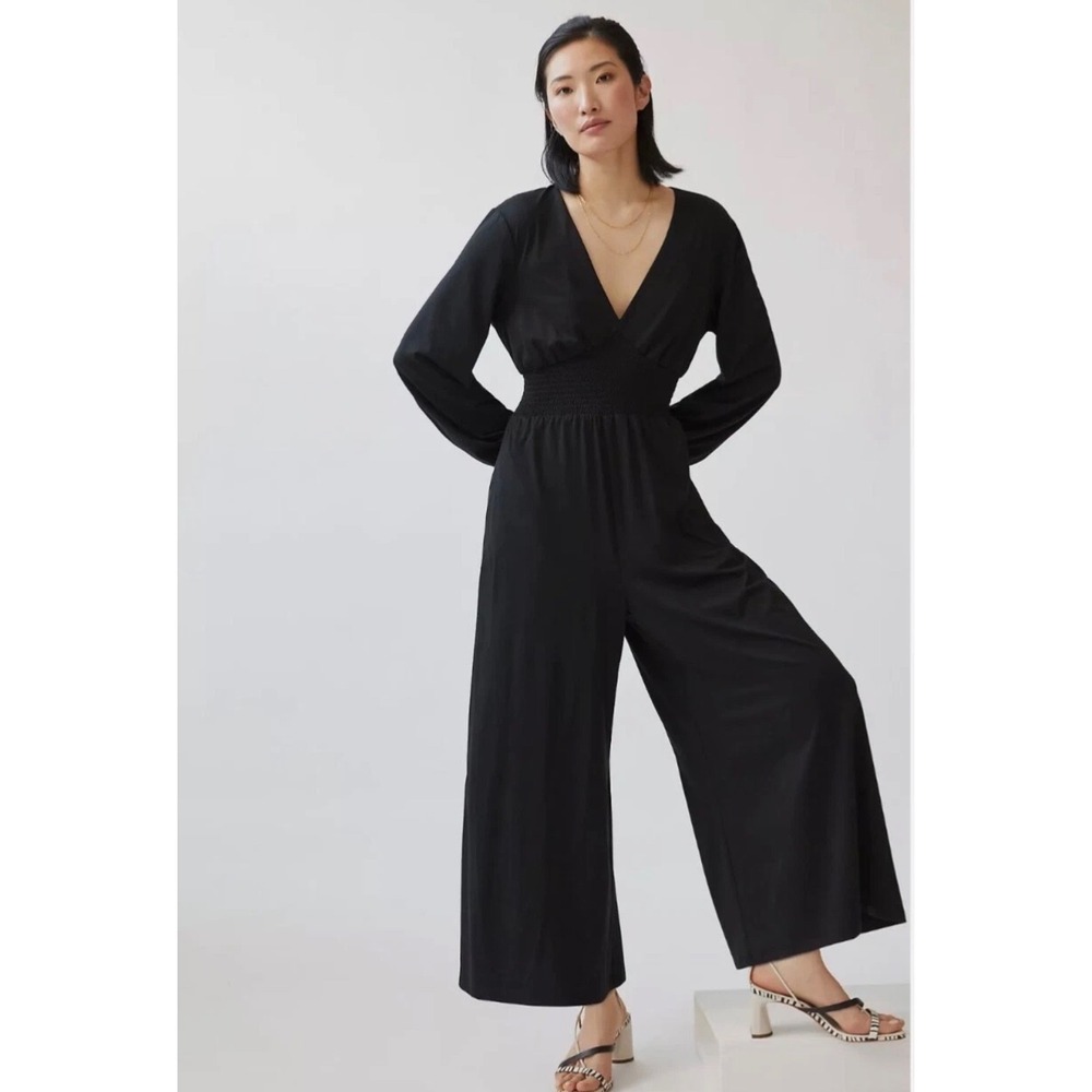 Hutch Anthropologie Black Smocked Wide Leg long sleeve Jumpsuit XS Boho Cocktail